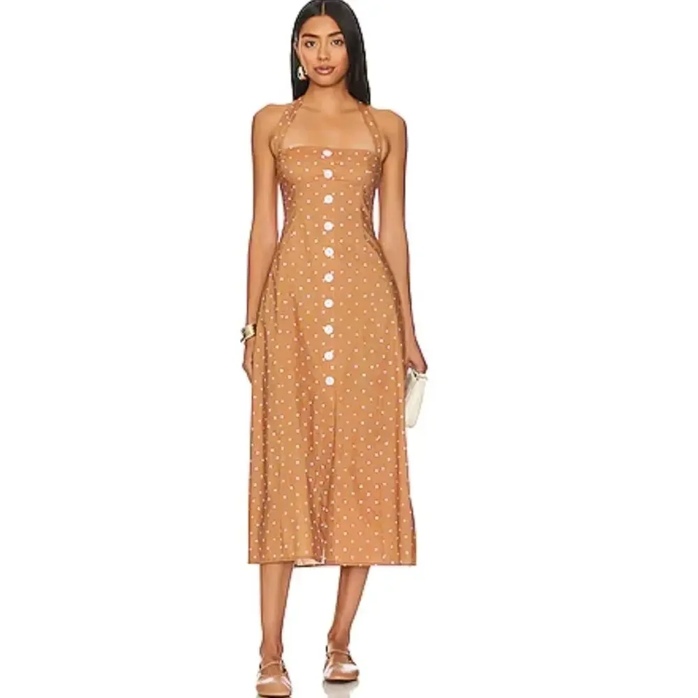 We Wore What Halter Button Up Midi Dress SZ 6 Micro Polka Biscotti Cottagecore